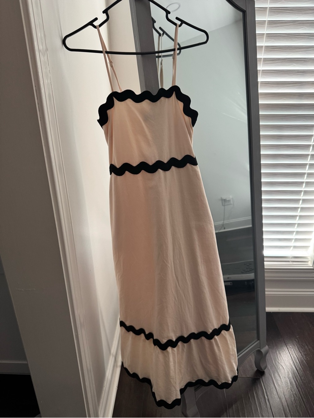 Cream Maxi Dress with Black Scalloped Trim - Spaghetti Strap Maxi